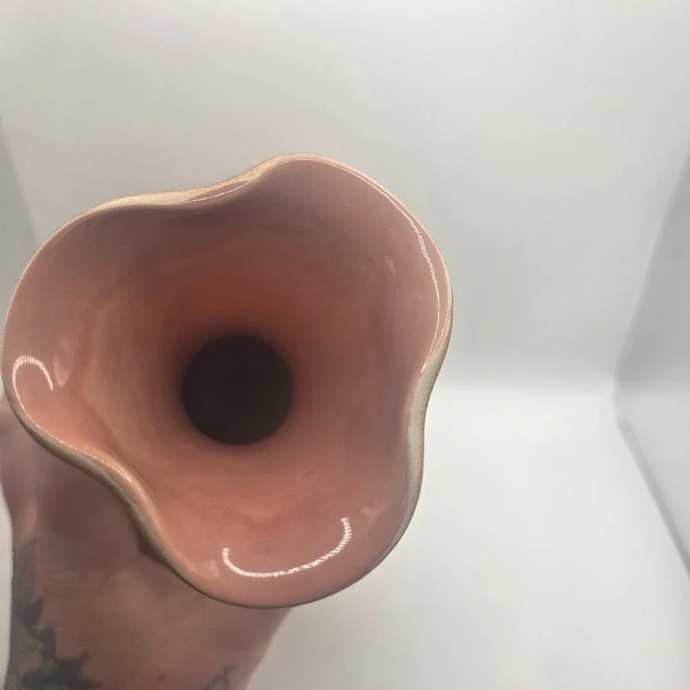 Vintage West Germany 963 Pottery Vase Pink Ribbed Wavy Rim Mid Century MCM